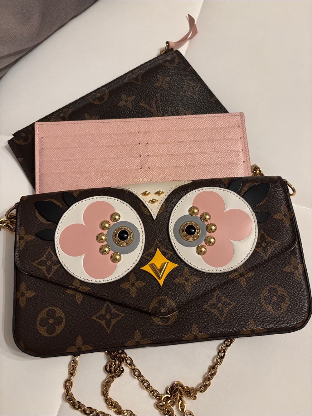 Louis Vuitton Brown Monogram Owl Felichie Shoulder Bag with 2 wallet Accents